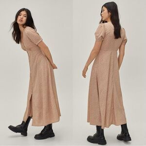 Nasty Gal Maxi Tea Dress Floral Print Button Down Puff Sleeve Size 10